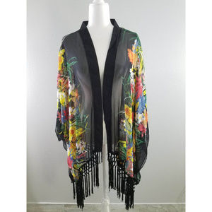 LIKE NEW - SHEER FLORAL FRINGED KIMONO - ONE SIZE